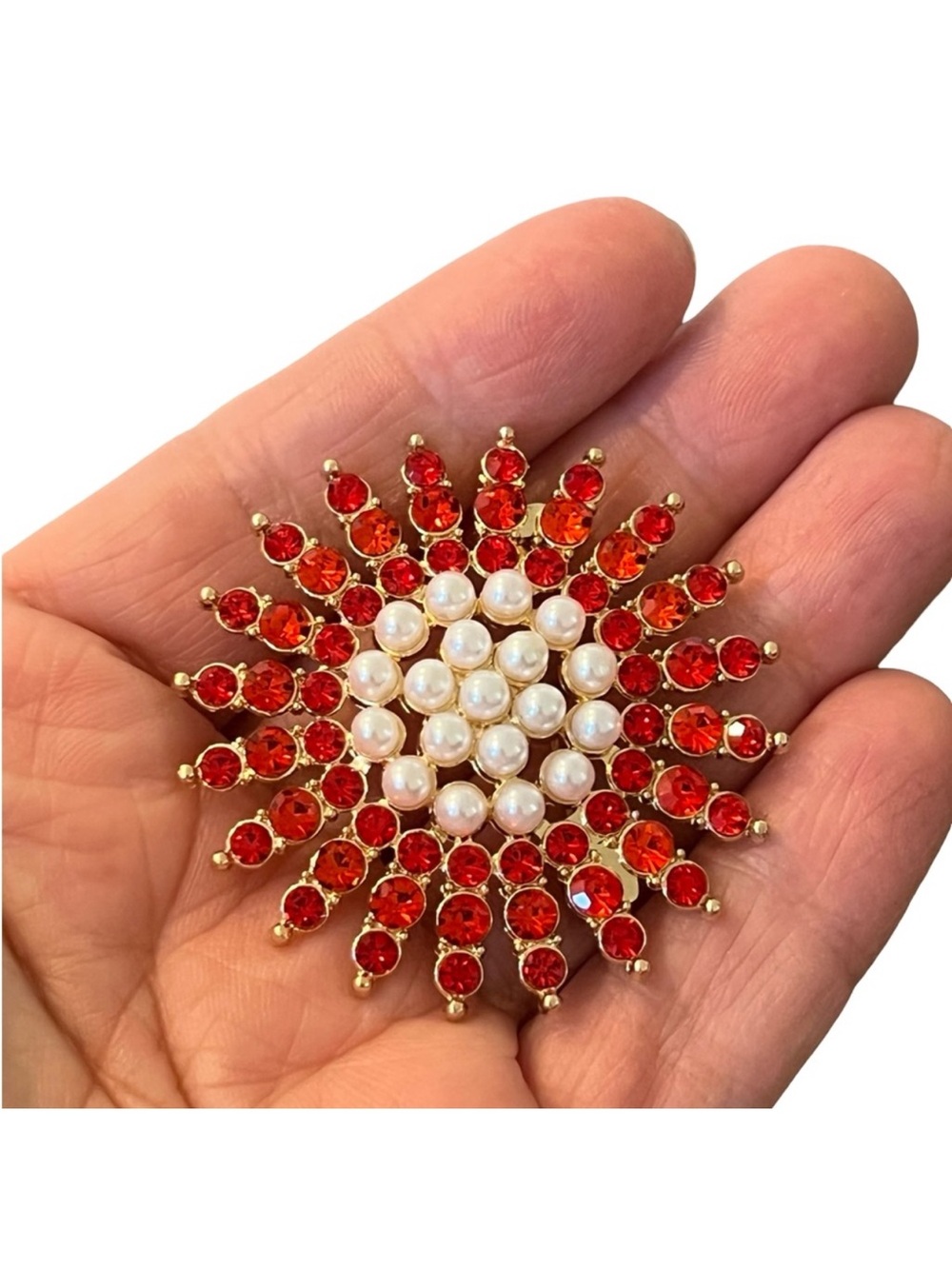 Gold-Tone Red Crystal & Pearl Sunburst Brooch FINAL PRICE DROP